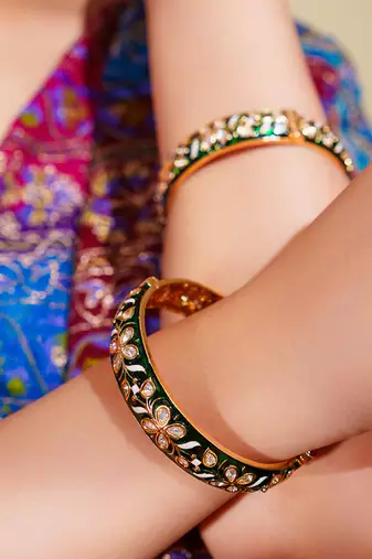 Green kundan polki gold finish bangle