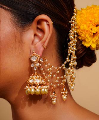 Gold kundan polki gold finish earchain 2