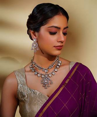 Bold and dramatic2- line kundan necklace with earrings 1