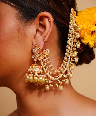 Gold kundan polki gold finish earchain 2