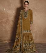 Designer mustard crep silk swarovski work gharara suit