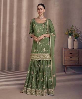 Heavy Chinon Semi Stitched Green Wedding Suit  1