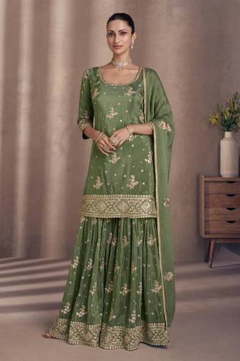 Heavy Chinon Semi Stitched Green Wedding Suit 