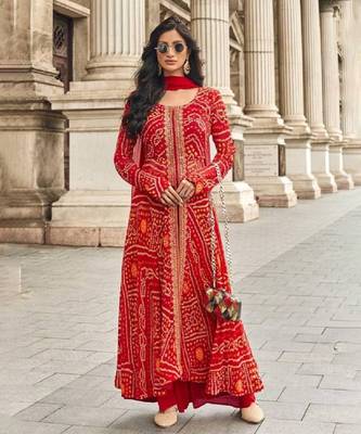 Red jaipuri bandhani print georgette anarkali with dupatta 1