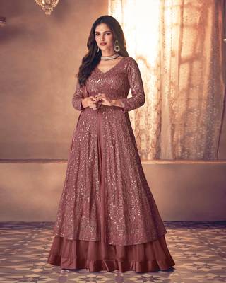 Trendmalls Dark Peach Georgette Embroidery Anarkali Suit Set Kurta with Dupatta 1