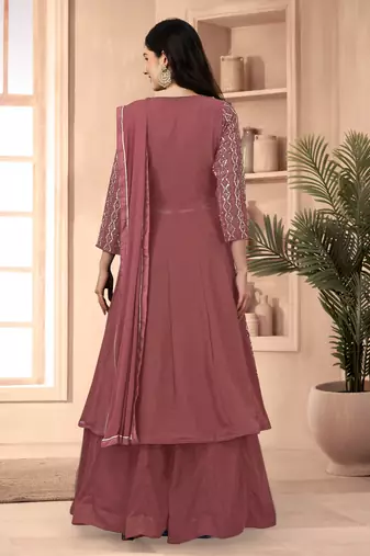 Trendmalls Dark Peach Georgette Embroidery Anarkali Suit Set Kurta with Dupatta
