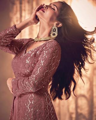 Trendmalls Dark Peach Georgette Embroidery Anarkali Suit Set Kurta with Dupatta 4
