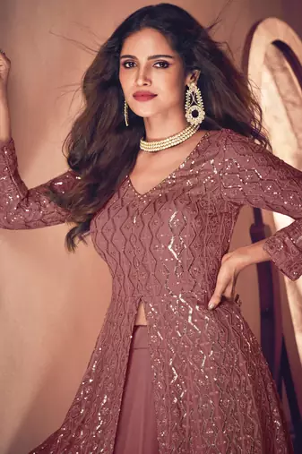Trendmalls Dark Peach Georgette Embroidery Anarkali Suit Set Kurta with Dupatta