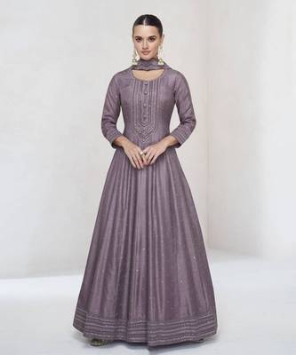 Deep purple sequins embroidered silk anarkali with dupatta 1