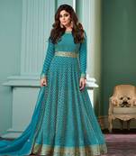 Sky blue embroidered georgette anarkali with dupatta for wedding party