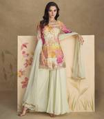 Off white floral print and embroidered chinnon silk sharara suit with dupatta