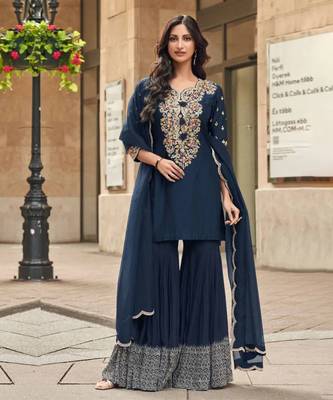 Navy blue floral embroidered silk sharara suit with dupatta 1