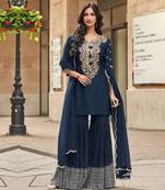 Navy blue floral embroidered silk sharara suit with dupatta