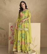 Lime green floral print and embroidered chinnon silk sharara style suit with dupatta