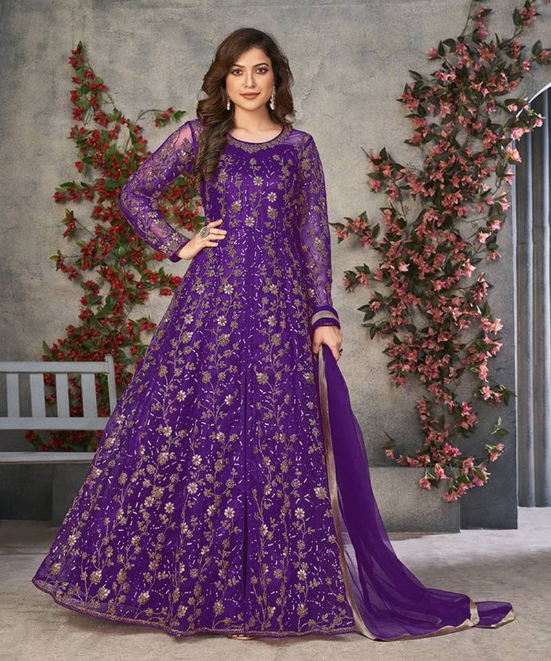 Purple embroidered net anarkali salwar kameez