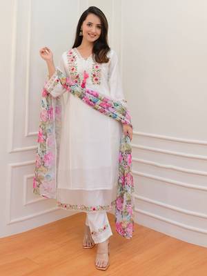 Trendmalls Art Silk Floral Embroidery Sequence Work Kurta Pant with Dupatta  1