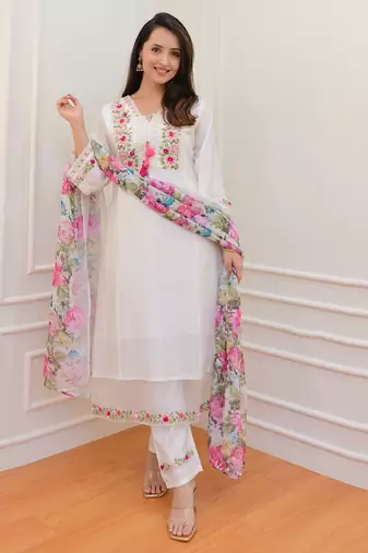 Art Silk Floral Embroidery Sequence Work Kurta Pant with Dupatta 