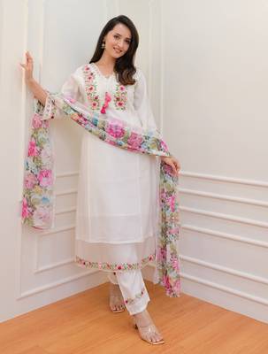 Trendmalls Art Silk Floral Embroidery Sequence Work Kurta Pant with Dupatta  4
