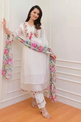 Trendmalls Art Silk Floral Embroidery Sequence Work Kurta Pant with Dupatta 