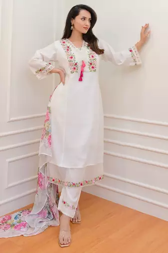 Trendmalls Art Silk Floral Embroidery Sequence Work Kurta Pant with Dupatta 