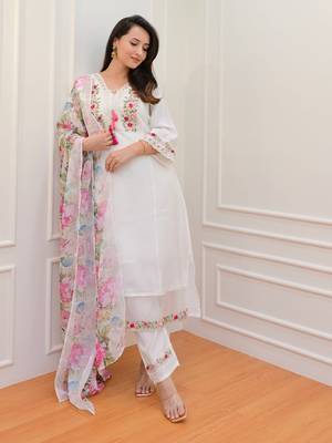 Trendmalls Art Silk Floral Embroidery Sequence Work Kurta Pant with Dupatta  6