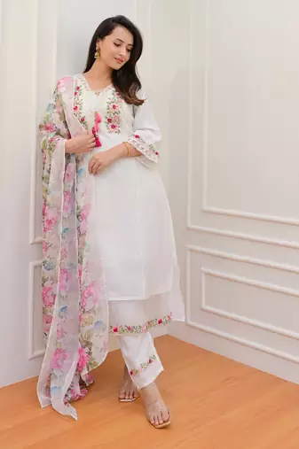 Trendmalls Art Silk Floral Embroidery Sequence Work Kurta Pant with Dupatta 