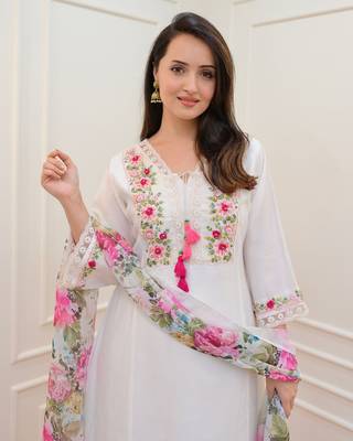 Trendmalls Art Silk Floral Embroidery Sequence Work Kurta Pant with Dupatta  7