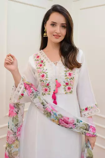 Trendmalls Art Silk Floral Embroidery Sequence Work Kurta Pant with Dupatta 