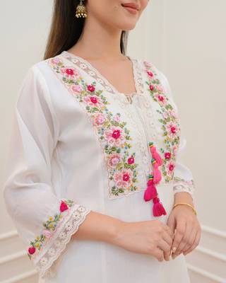 Trendmalls Art Silk Floral Embroidery Sequence Work Kurta Pant with Dupatta  9