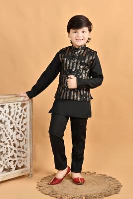Black cotton botanical embroidered sequined waistcoat with kurta pajama set 1