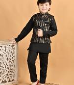 Black cotton botanical embroidered sequined waistcoat with kurta pajama set