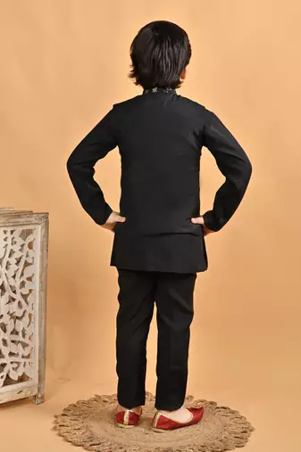 Black cotton botanical embroidered sequined waistcoat with kurta pajama set