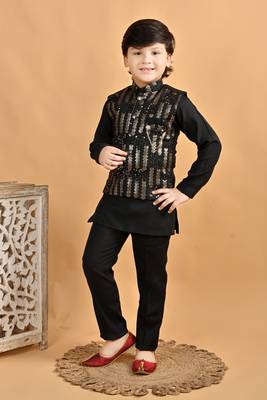 Black cotton botanical embroidered sequined waistcoat with kurta pajama set 3