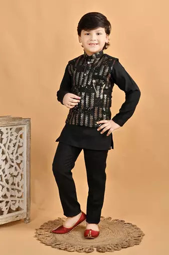 Black cotton botanical embroidered sequined waistcoat with kurta pajama set