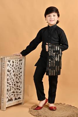 Black cotton botanical embroidered sequined waistcoat with kurta pajama set 4