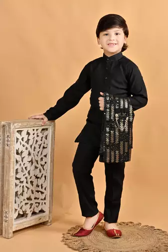 Black cotton botanical embroidered sequined waistcoat with kurta pajama set