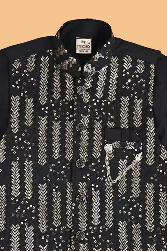 Black cotton botanical embroidered sequined waistcoat with kurta pajama set