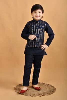 Navy blue cotton botanical embroidered sequined waistcoat with kurta pajama set 1