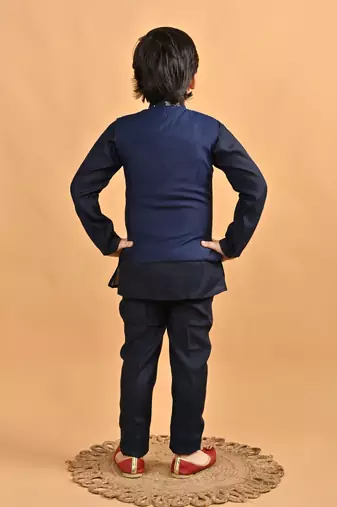 Navy blue cotton botanical embroidered sequined waistcoat with kurta pajama set