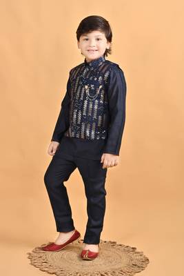 Navy blue cotton botanical embroidered sequined waistcoat with kurta pajama set 3