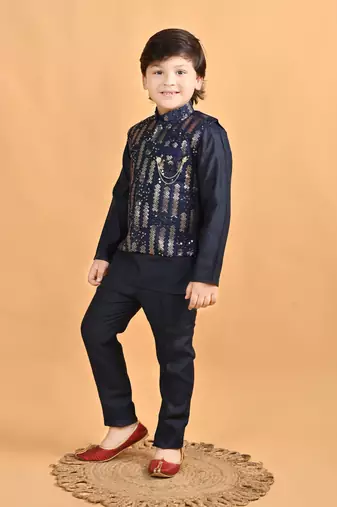 Navy blue cotton botanical embroidered sequined waistcoat with kurta pajama set