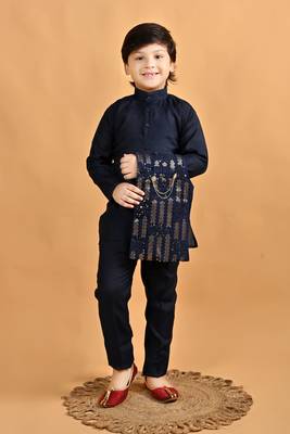 Navy blue cotton botanical embroidered sequined waistcoat with kurta pajama set 4