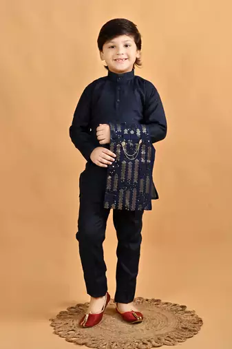 Navy blue cotton botanical embroidered sequined waistcoat with kurta pajama set