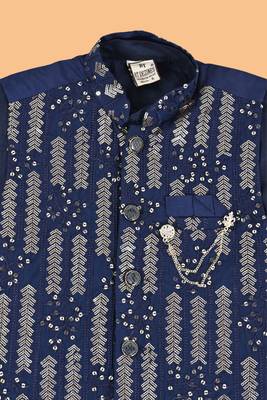 Navy blue cotton botanical embroidered sequined waistcoat with kurta pajama set 5