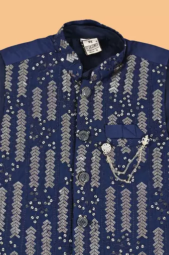 Navy blue cotton botanical embroidered sequined waistcoat with kurta pajama set