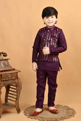 Burgundy cotton botanical embroidered sequined waistcoat with kurta pajama set 1