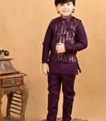 Burgundy cotton botanical embroidered sequined waistcoat with kurta pajama set