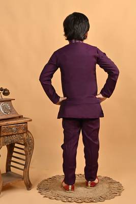 Burgundy cotton botanical embroidered sequined waistcoat with kurta pajama set 2