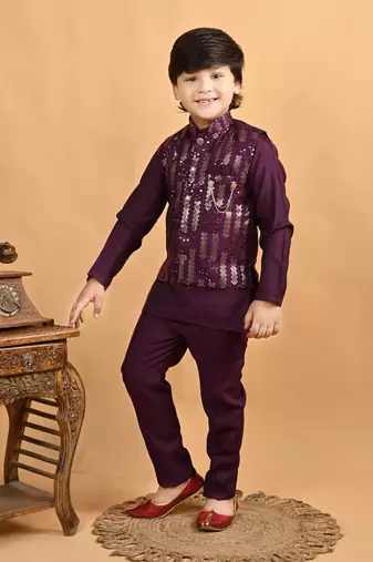 Burgundy cotton botanical embroidered sequined waistcoat with kurta pajama set
