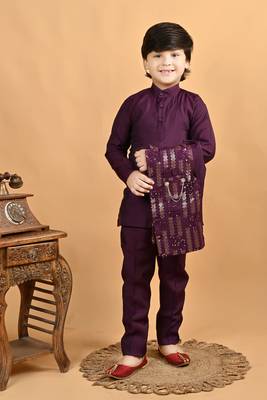 Burgundy cotton botanical embroidered sequined waistcoat with kurta pajama set 4